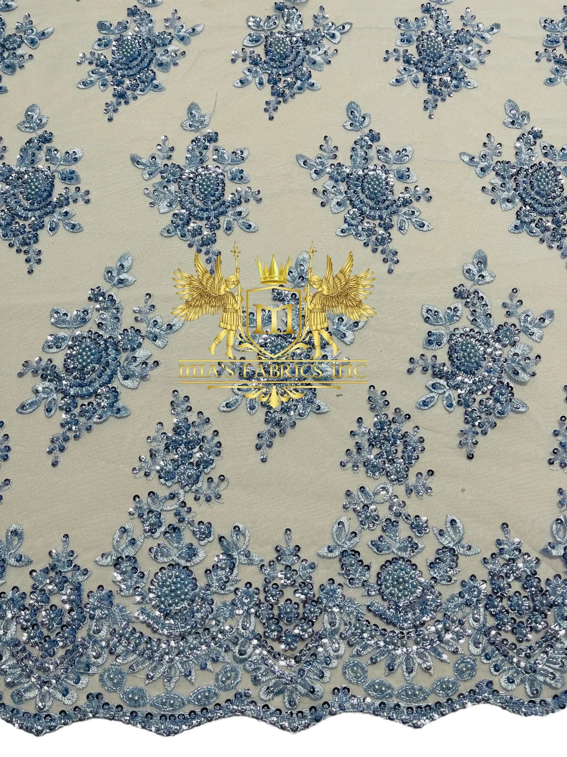 Floral Beaded Fabric - Baby Blue - Embroidered Beaded Flowers Cluster Design on a Mesh Sold By Yard