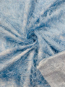 Metallic Eyelash Fabric - Baby Blue / Silver - Feather/Eyelash/Fringe Design on Mesh By Yard