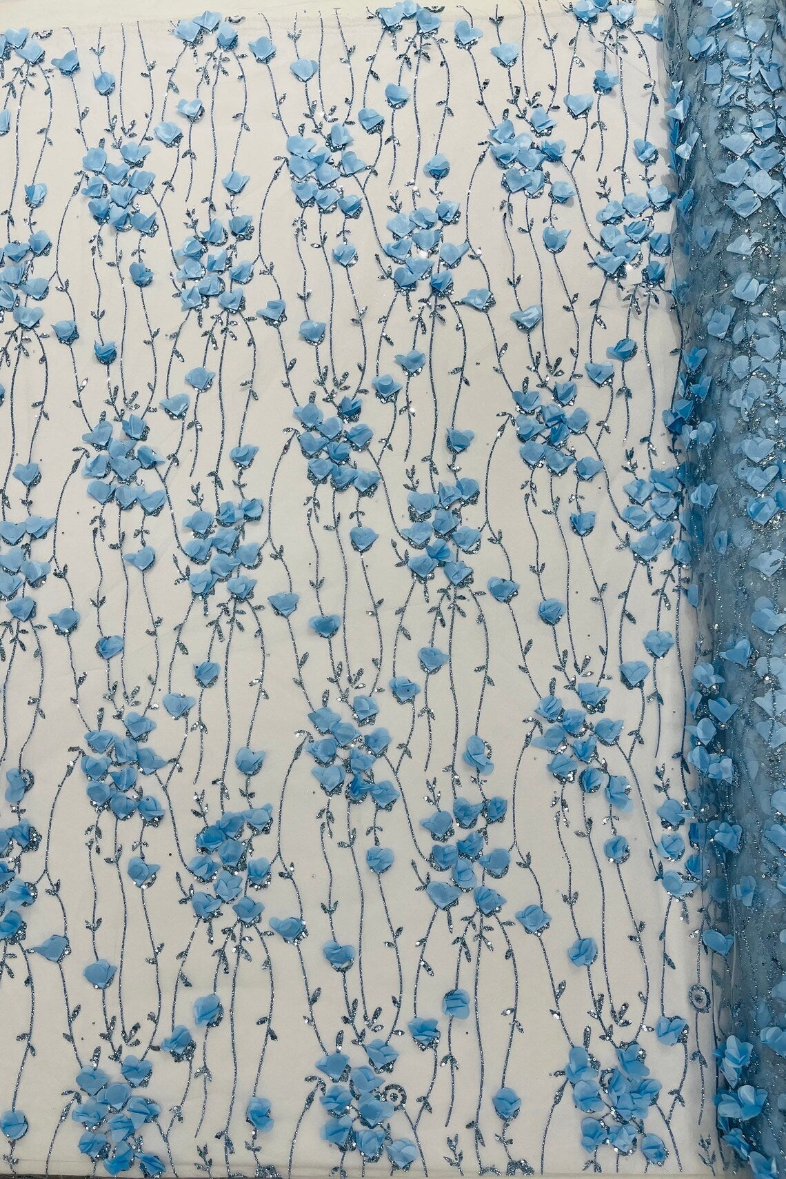 3D Glitter Floral Fabric - Baby Blue - 3D Flowers with Sequins and Glitter on Mesh Sold By Yard