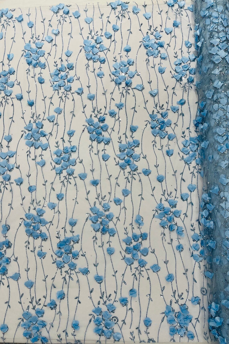 3D Glitter Floral Fabric - Baby Blue - 3D Flowers with Sequins and Glitter on Mesh Sold By Yard