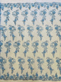 3D Flower Cluster Fabric - Baby Blue - 3D Flower Leaf Design Fabric with Pearls Sold By Yard