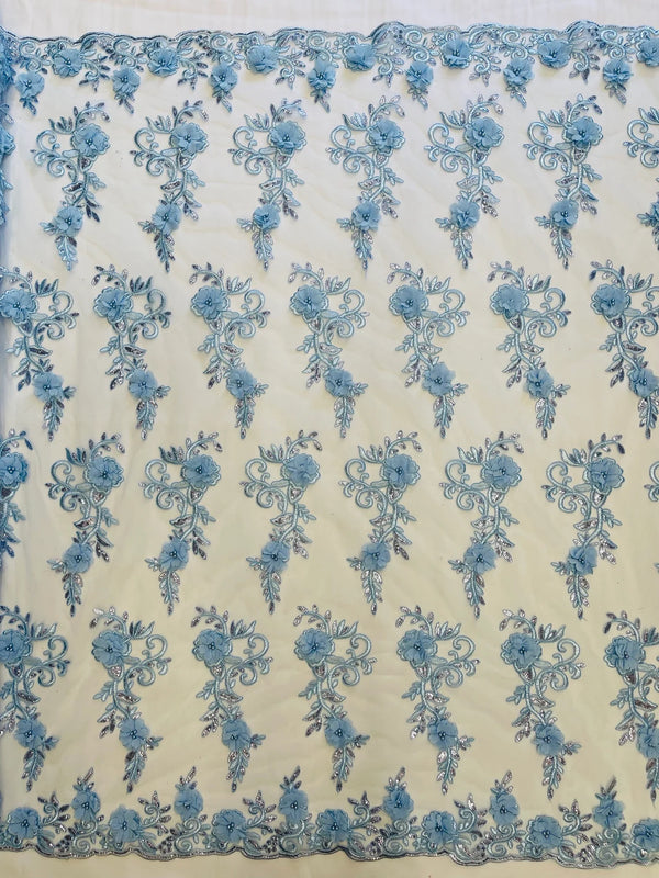 3D Flower Cluster Fabric - Baby Blue - 3D Flower Leaf Design Fabric with Pearls Sold By Yard