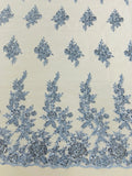 Beaded Rose Flower Fabric - Baby Blue - Embroidered Beaded Long Border Floral Fabric By Yard