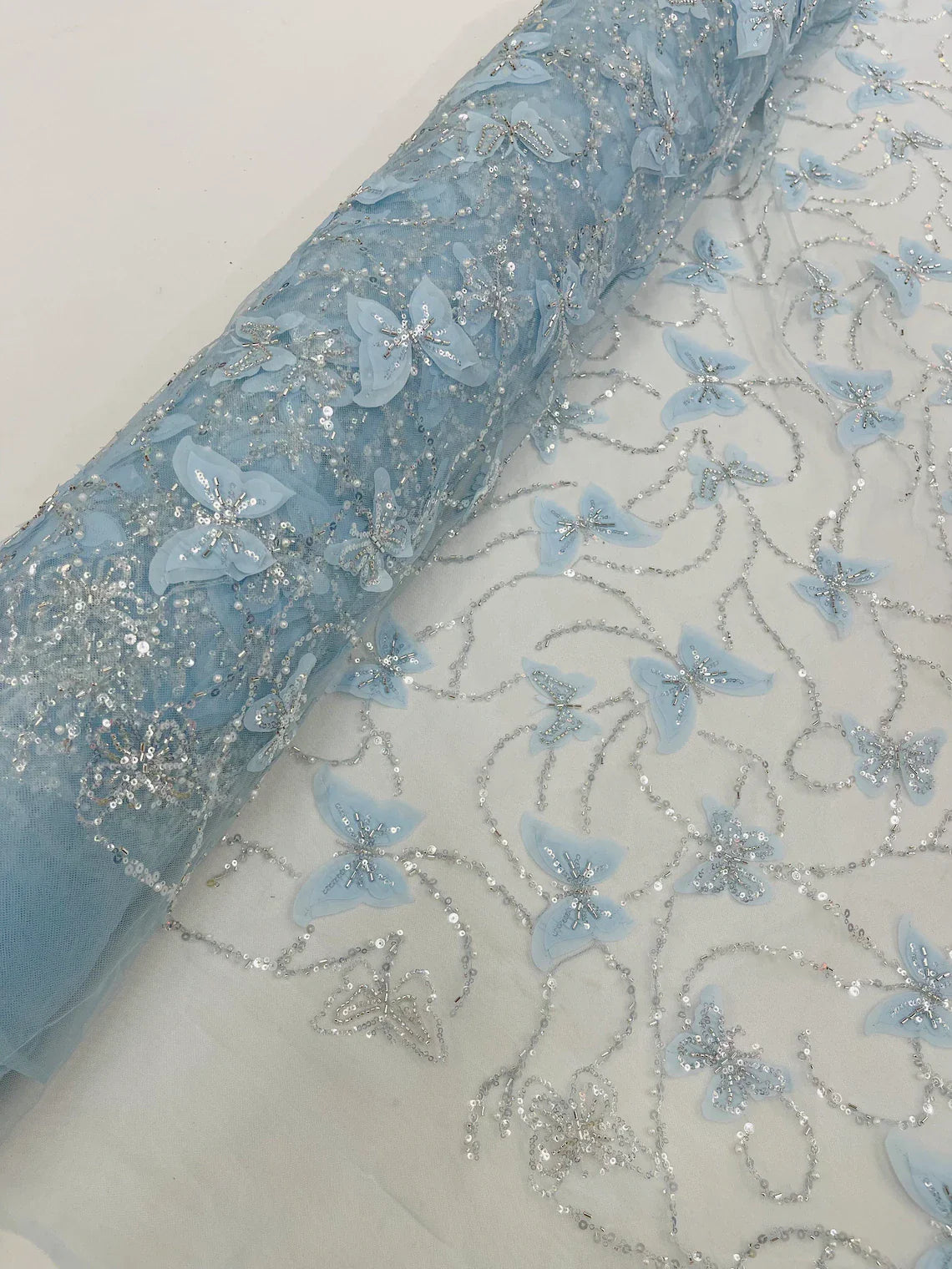 3D Butterfly Beaded Fabric - Baby Blue - Beaded Sequins Butterfly Embroidered Fabric By Yard