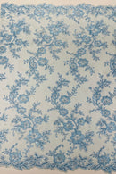 Two Tone Lace Floral Fabric - Baby Blue - Embroidered Flower Designs with Sequins on Lace Fabric Sold By Yard