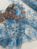 3D Flower Glitter Fabric - Baby Blue - Floral Glitter Sequin Design on Lace Mesh Fabric by Yard