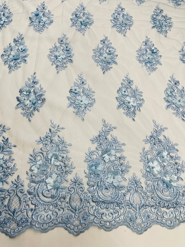 3D Fancy Floral Design Fabric - Baby Blue - 3D Flower Fabric with Small Beads on Lace Sold By Yard