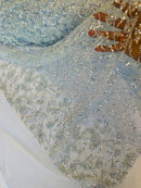 Beaded Floral Plant Design - Baby Blue - Embroidered Beaded Flower Plants Sequins Fabric By Yard