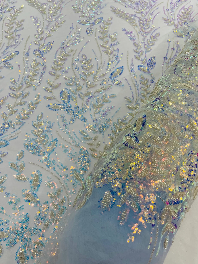 Clear Iridescent Leaf Design - Clear on Baby Blue - Embroidered Beaded Sequins Mesh Fabric by Yard