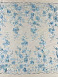 3D Floral Pearl Fabric - Baby Blue - Embroidered Floral Pearl Fabric Single Border On Mesh By Yard