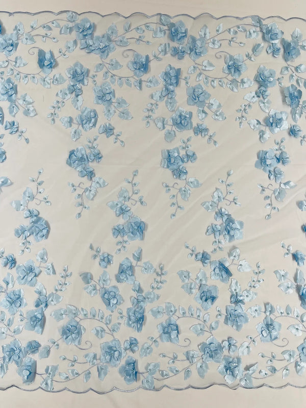 3D Floral Pearl Fabric - Baby Blue - Embroidered Floral Pearl Fabric Single Border On Mesh By Yard