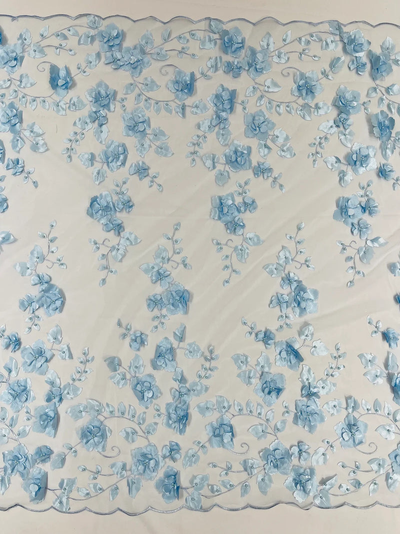 3D Floral Pearl Fabric - Baby Blue - Embroidered Floral Pearl Fabric Single Border On Mesh By Yard