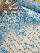 3D Flower Glitter Fabric - Baby Blue - Flower Design on Glitter Mesh Fabric Sold By Yard