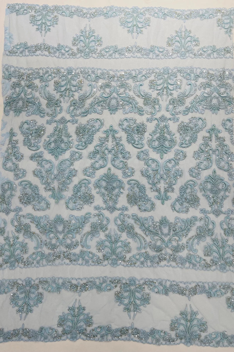 Beaded My Lady Damask Design - Baby Blue - Beaded Fancy Damask Embroidered Fabric By Yard