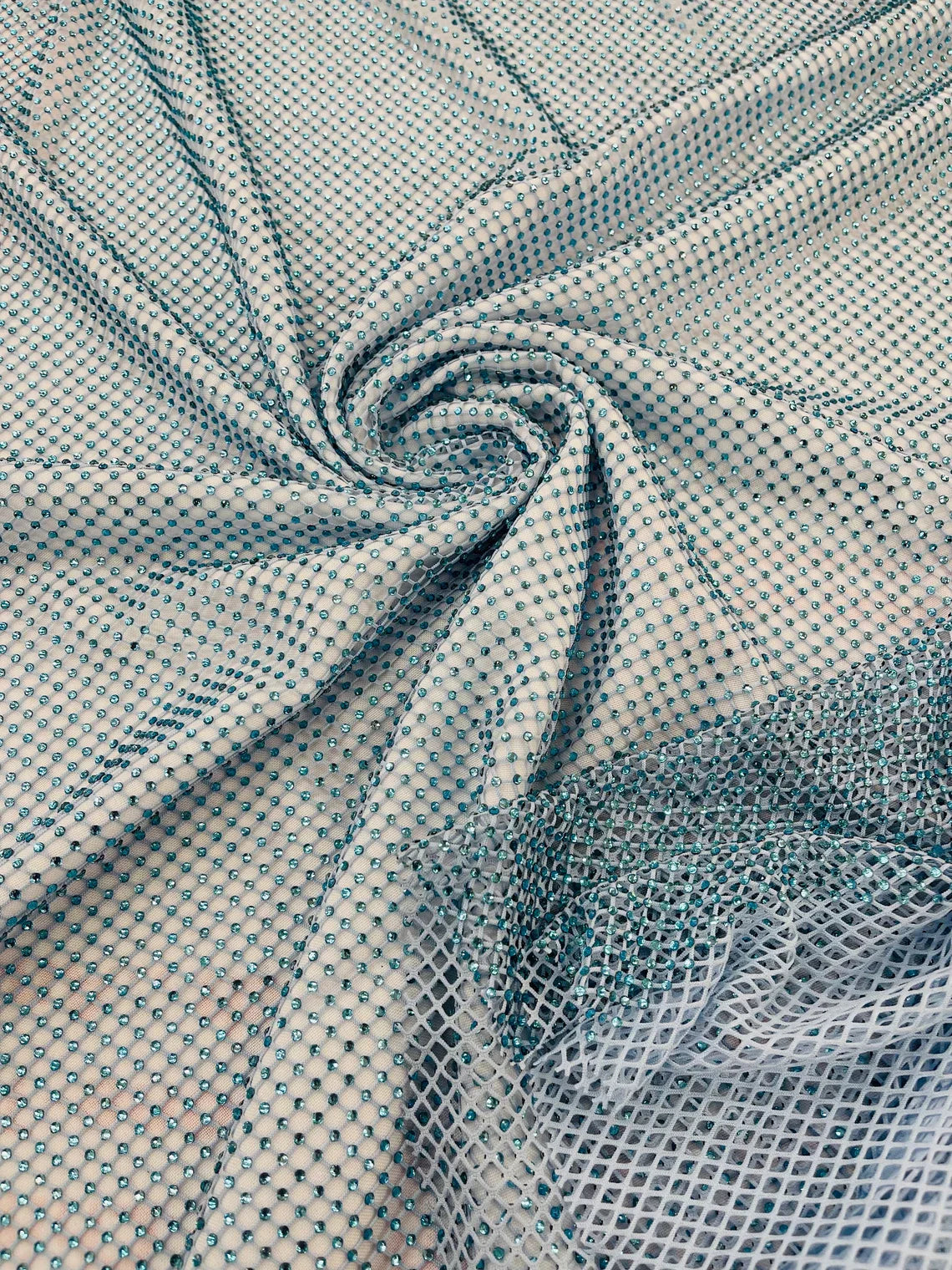Fish Net Spandex Rhinestone Fabric - Baby Blue - Solid Spandex Fish Net Design Fabric with Rhinestones by Yard
