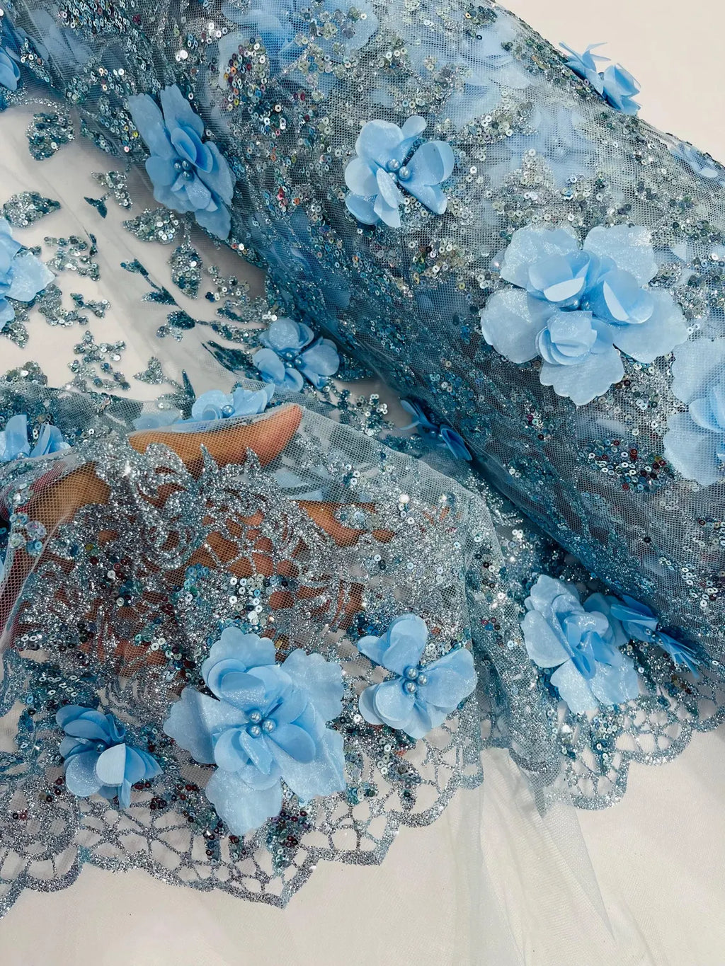 3D Big Flower Glitter Fabric - Baby Blue - Floral Glitter Sequin Design on Lace Mesh Fabric by Yard