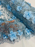 3D Big Flower Glitter Fabric - Baby Blue - Floral Glitter Sequin Design on Lace Mesh Fabric by Yard