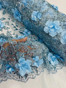 3D Big Flower Glitter Fabric - Baby Blue - Floral Glitter Sequin Design on Lace Mesh Fabric by Yard