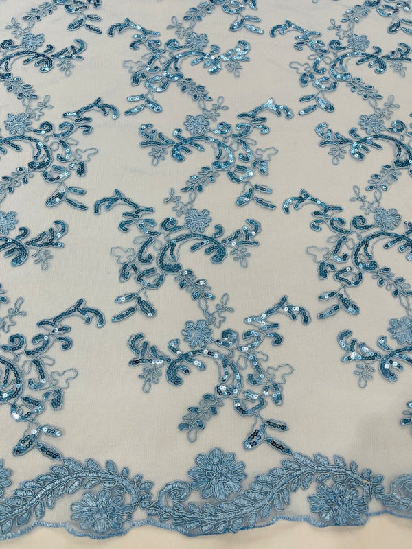 Floral Sequins Lace Fabric - Baby Blue - Embroidery Flower Clusters Design with Shiny Sequins  Fabric Sold By Yard