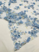 Multi-Color 3D Flower Fabric - Baby Blue - Multi-Tone 3D Flower Lace Fabrics Sold By Yard