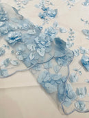 3D Floral Pearl Fabric - Baby Blue - Embroidered Floral Pearl Fabric Single Border On Mesh By Yard