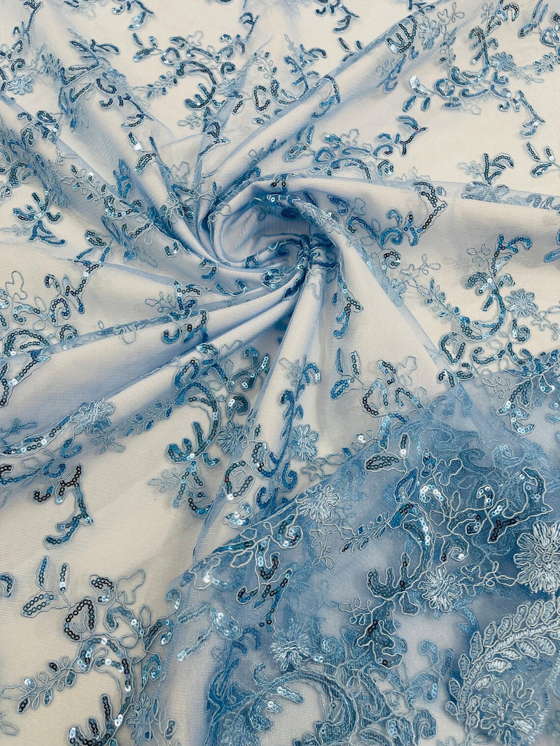 Floral Sequins Lace Fabric - Baby Blue - Embroidery Flower Clusters Design with Shiny Sequins  Fabric Sold By Yard