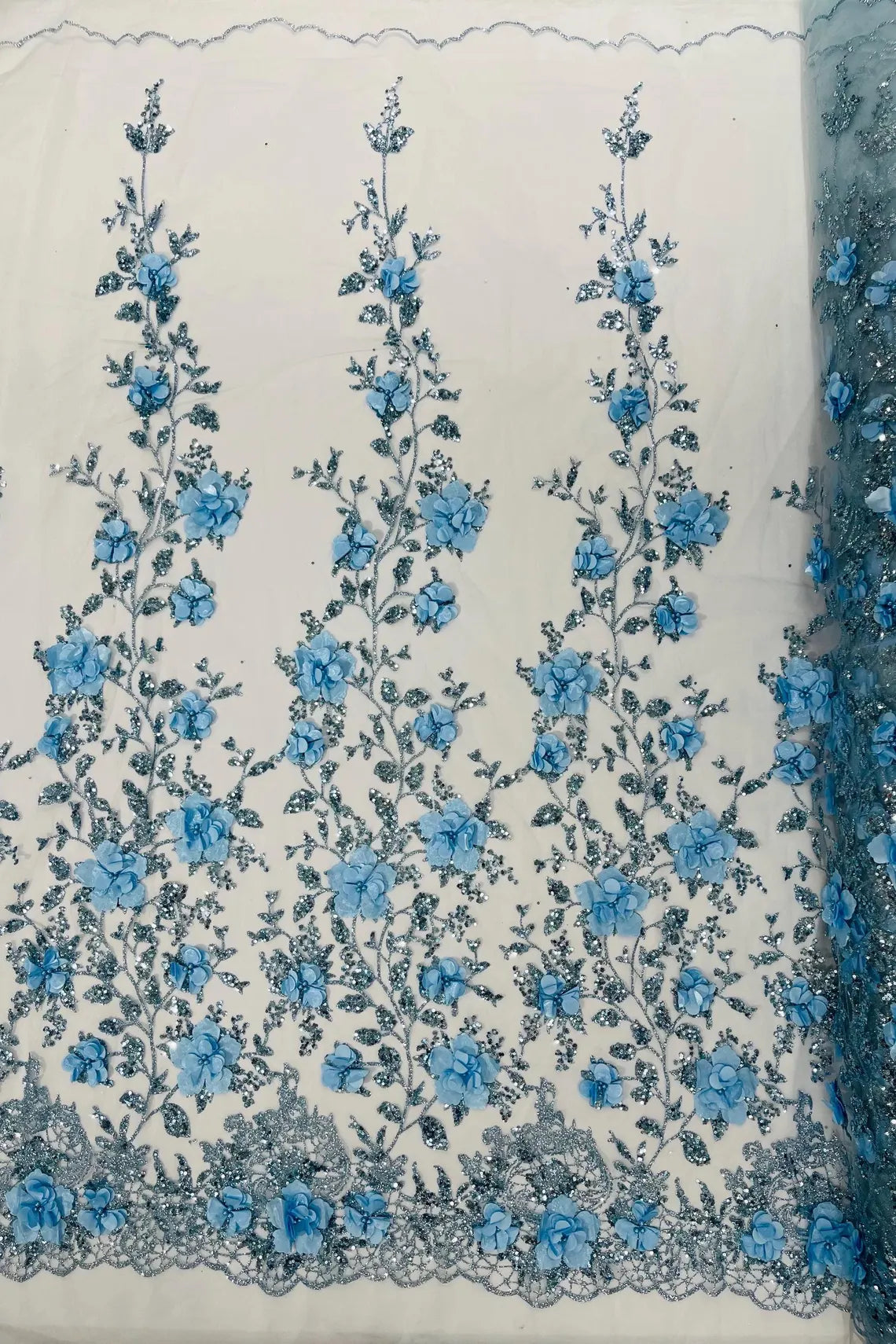 3D Big Flower Glitter Fabric - Baby Blue - Floral Glitter Sequin Design on Lace Mesh Fabric by Yard