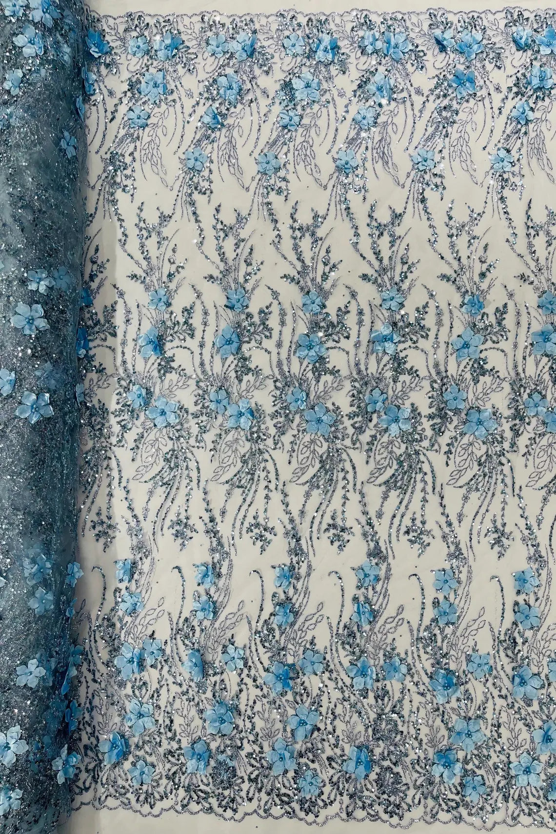 3D Glitter Floral Design Fabric - Baby Blue - Floral Line Design Embro