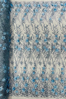 3D Glitter Floral Design Fabric - Baby Blue - Floral Line Design Embroidered Sequins Fabric by Yard