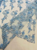 3D Flower Cluster Fabric - Baby Blue - 3D Flower Leaf Design Fabric with Pearls Sold By Yard