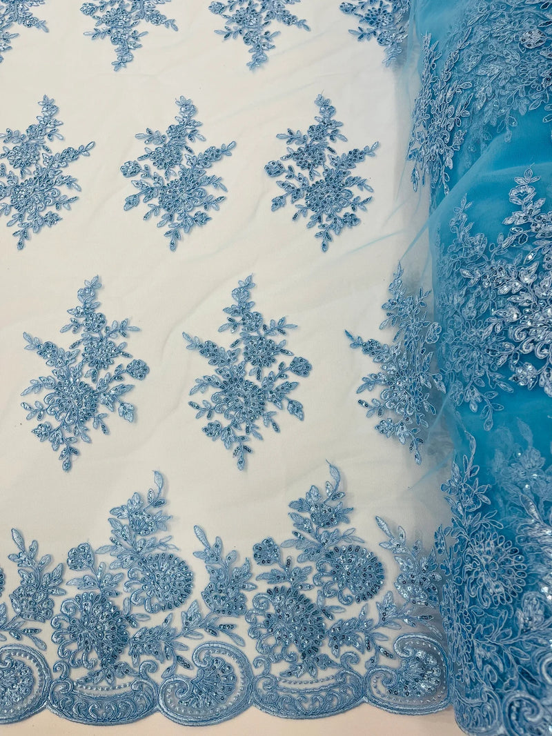 Floral Lace Flower Fabric - Baby Blue - Floral Embroidered Fabric with Sequins on Lace By Yard