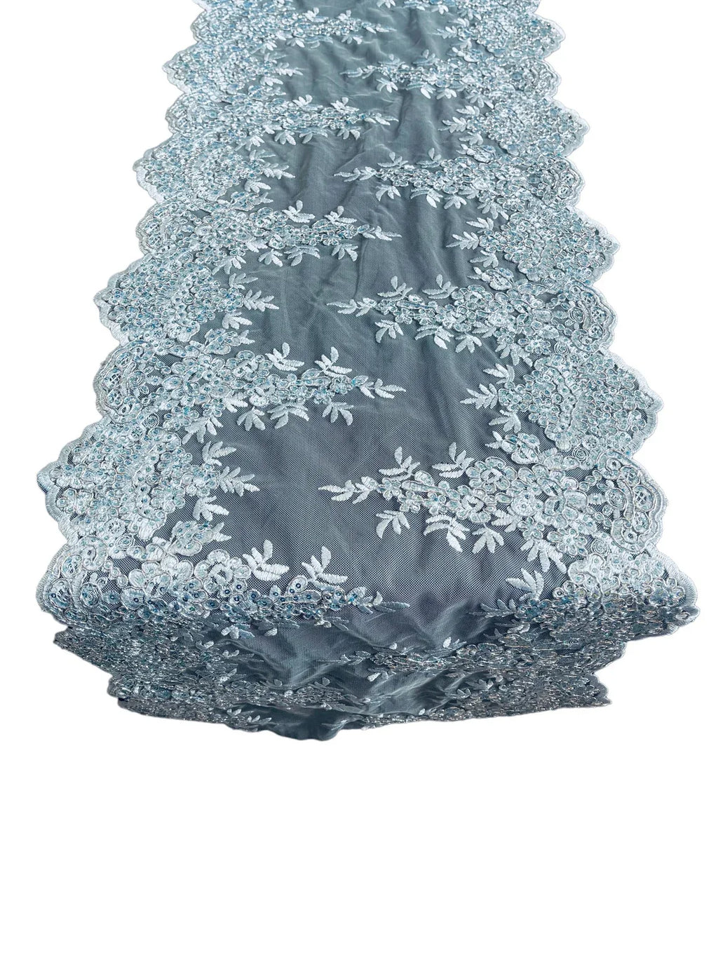 14" Metallic Flower Lace Table Runner - Baby Blue - Floral Runner for Event Decor Sold By The Yard