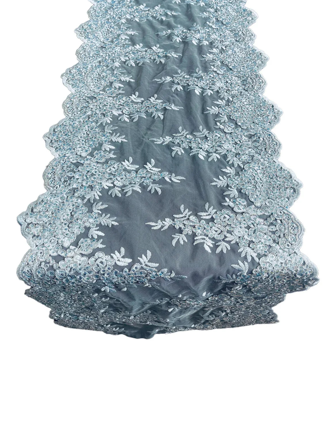14" Metallic Flower Lace Table Runner - Baby Blue - Floral Runner for Event Decor Sold By The Yard