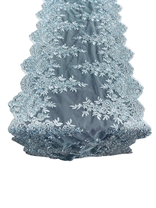 14" Metallic Flower Lace Table Runner - Baby Blue - Floral Runner for Event Decor Sold By The Yard
