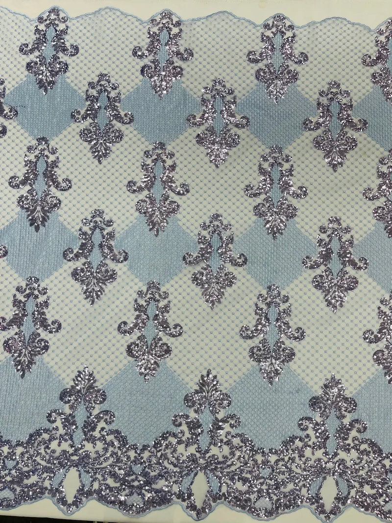 King Damask Design Fabric - Baby Blue - Embroidered Corded Mesh Lace Fabric with Sequins By Yard