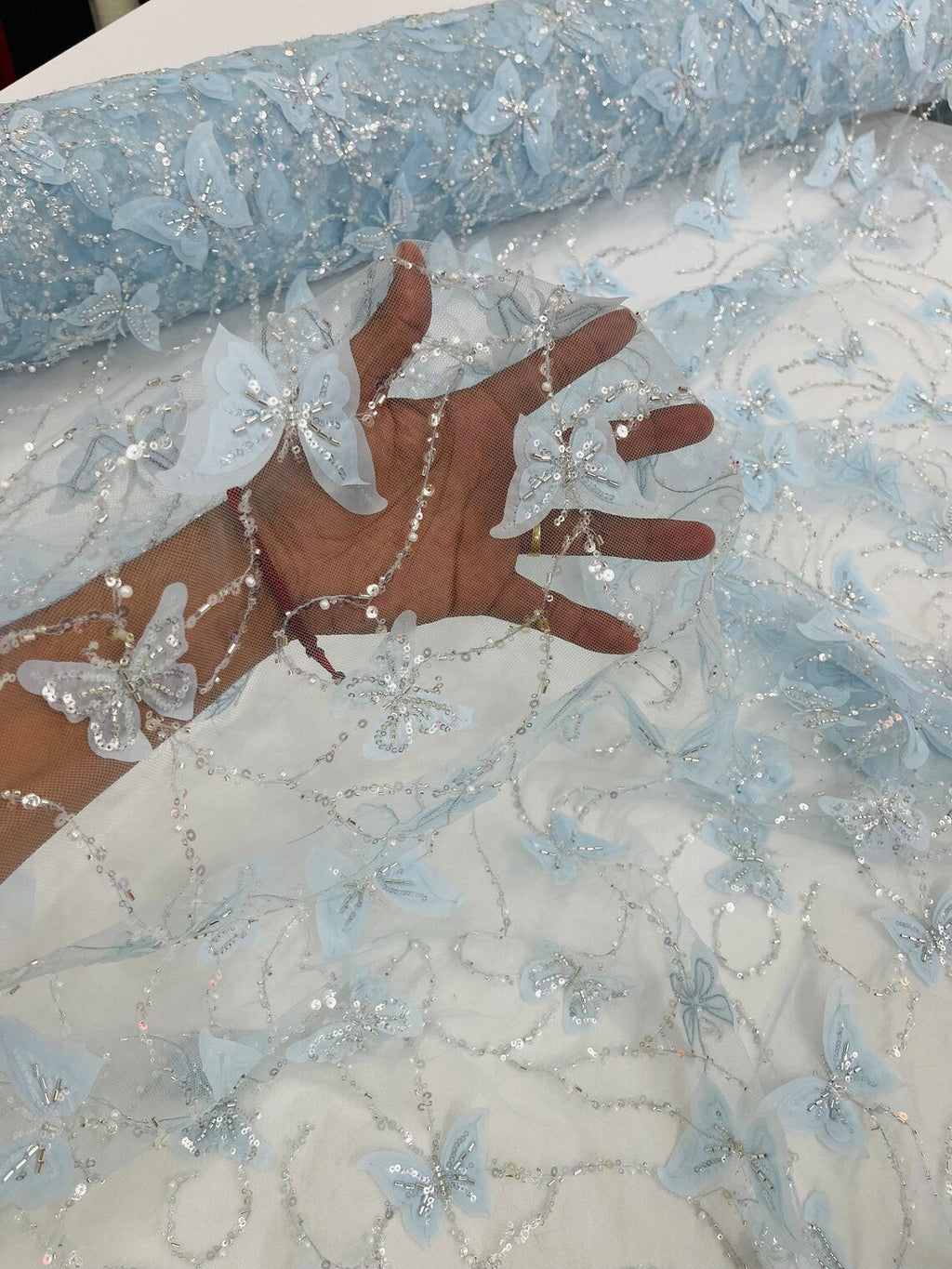 3D Butterfly Beaded Fabric - Baby Blue - Beaded Sequins Butterfly Embroidered Fabric By Yard