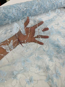 3D Butterfly Beaded Fabric - Baby Blue - Beaded Sequins Butterfly Embroidered Fabric By Yard