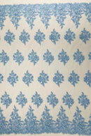 Corded Floral 3D Fabric - Baby Blue - Embroidered Floral Design on Lace Mesh Fabric by Yard