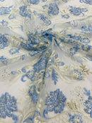 Corded Lace Sequins Fabric - Baby Blue - Embroidered Fancy Flower and Fish Design Sold By Yard