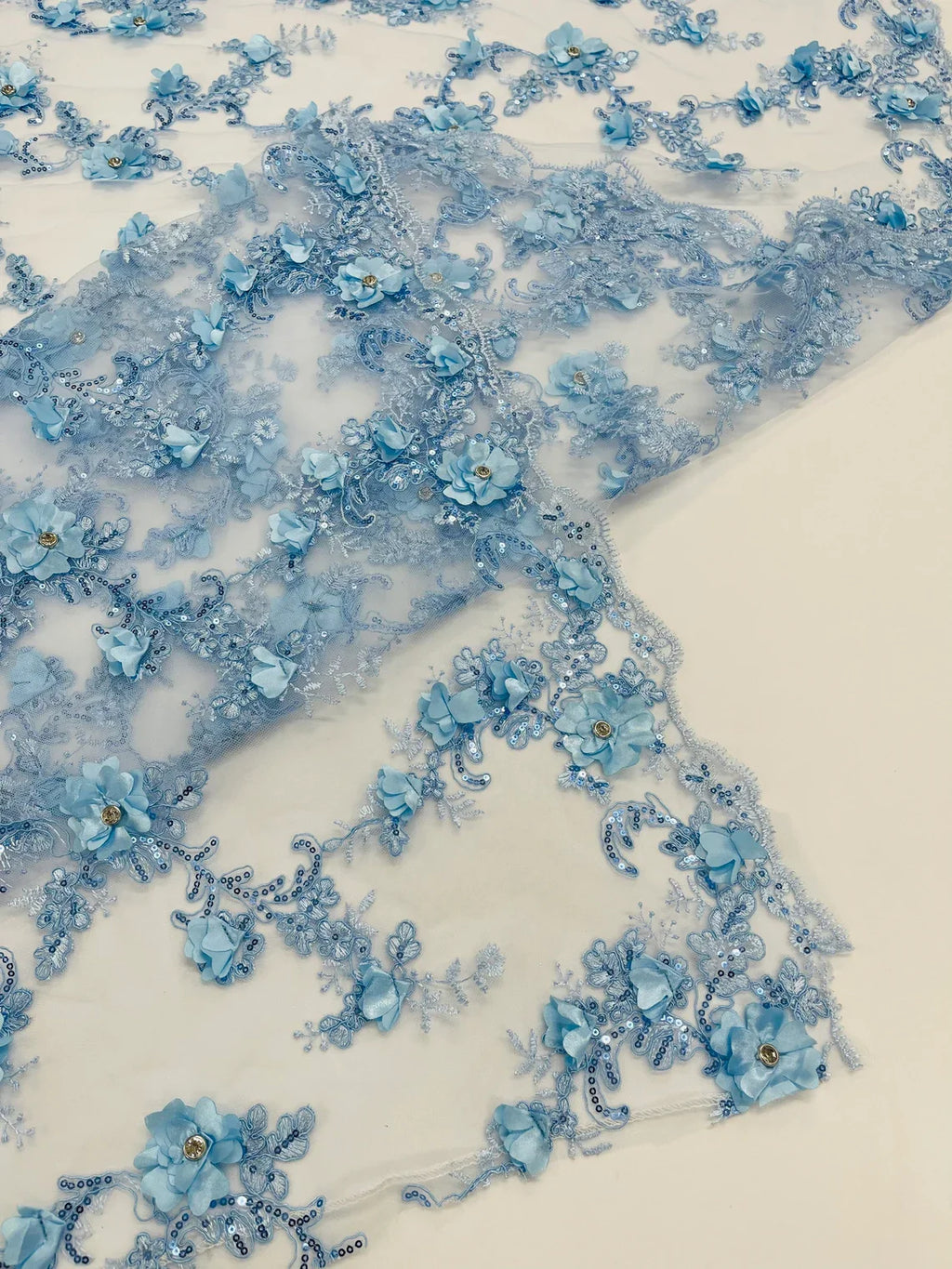 3D Lace Flower Fabric - Baby Blue - Embroidered Sequins and 3D Floral Patterns on Lace By Yard