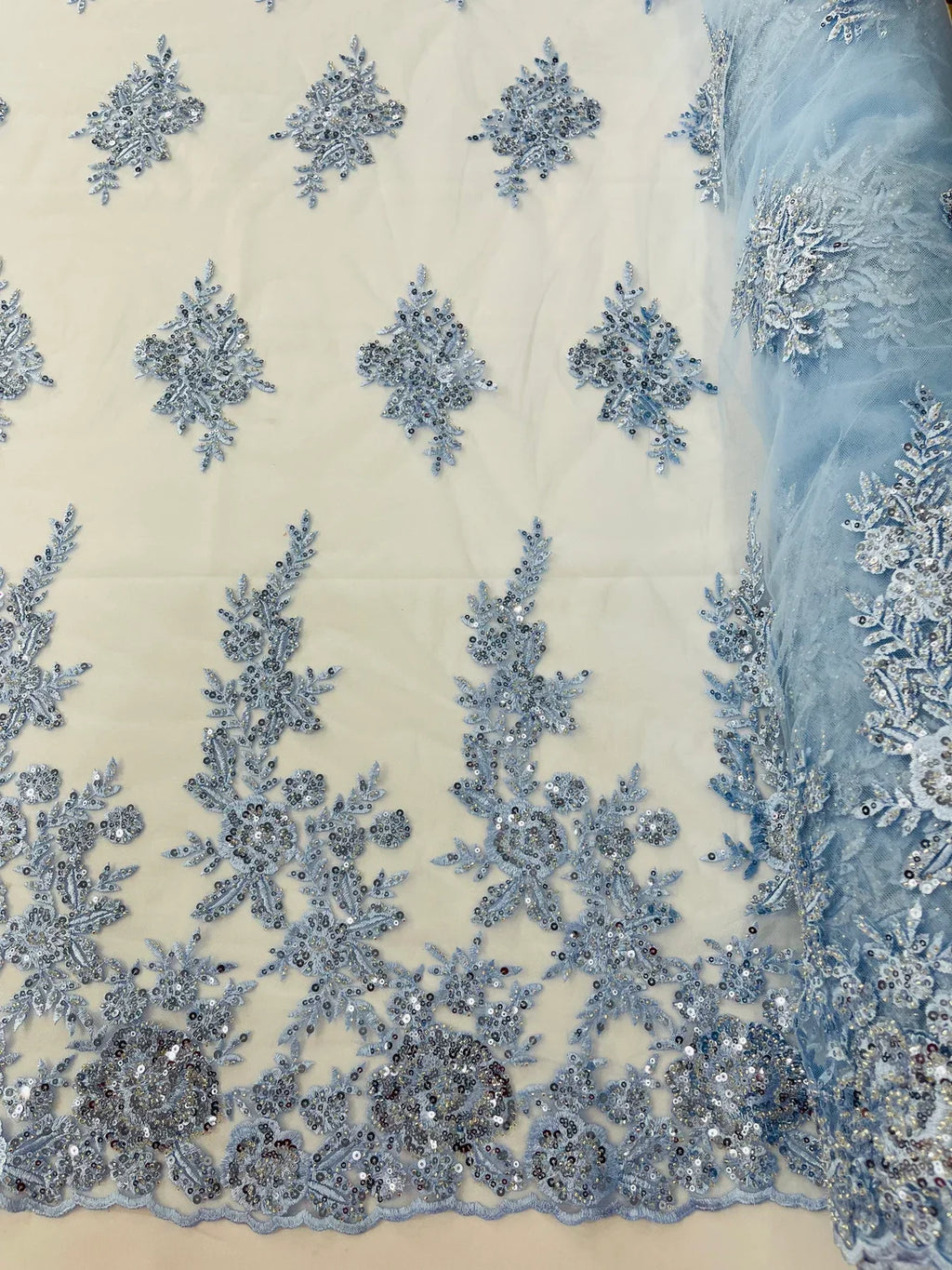 Beaded Rose Flower Fabric - Baby Blue - Embroidered Beaded Long Border Floral Fabric By Yard