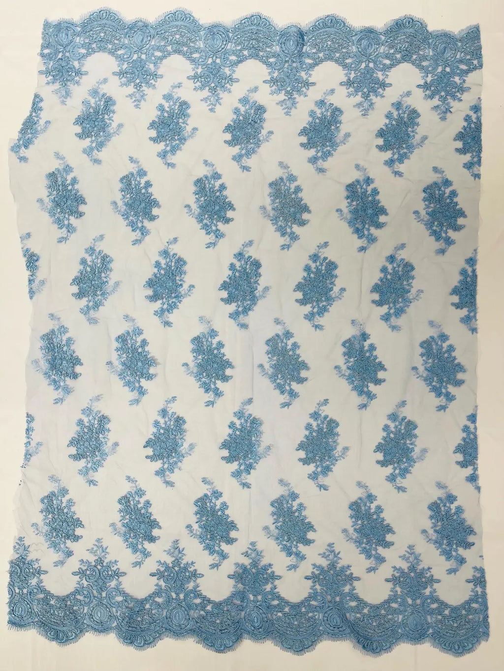 Floral Damask Lace Fabric - Baby Blue - Embroidered Damask Flowers on Lace Fabric By Yard
