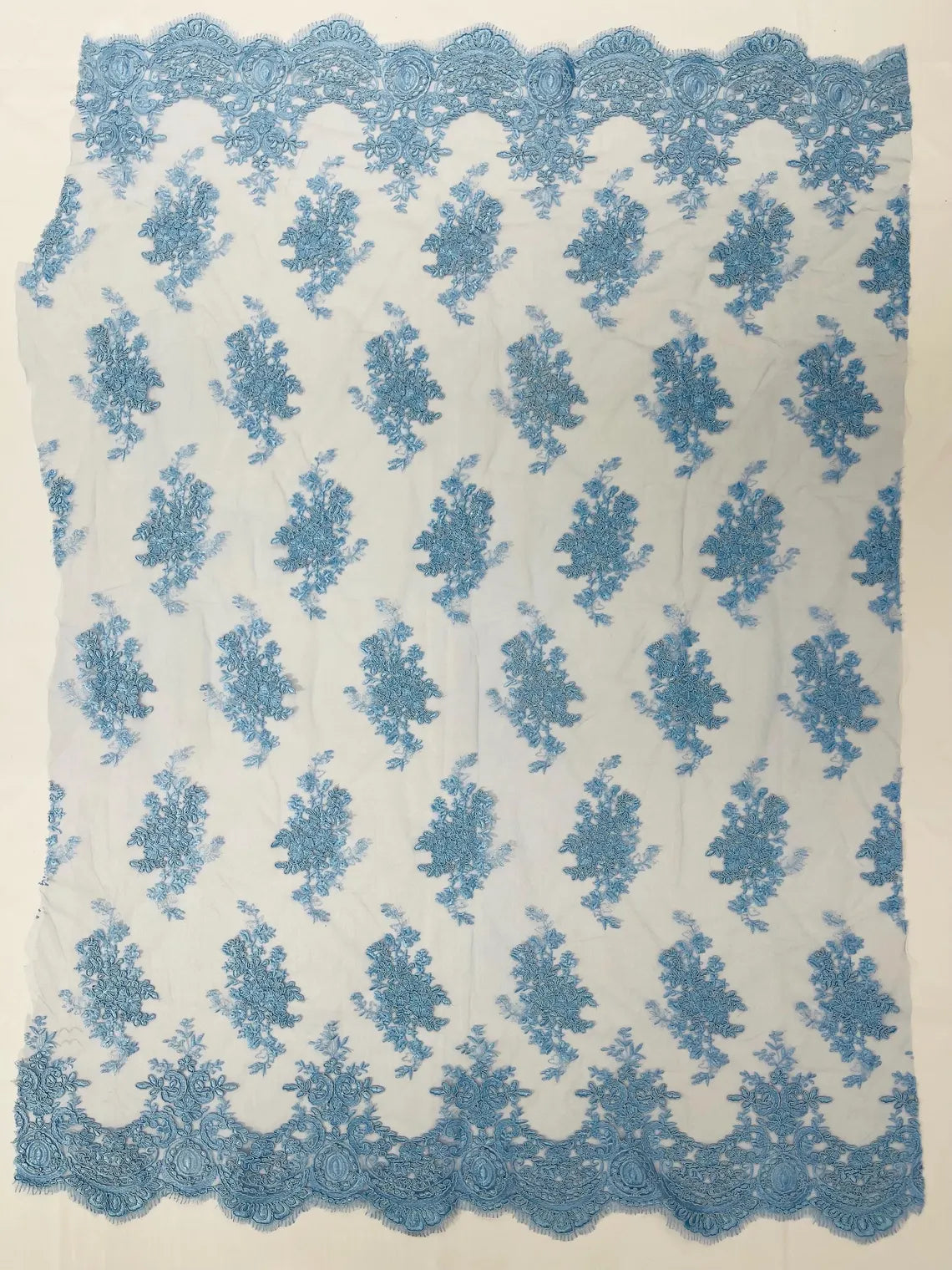 Floral Damask Lace Fabric - Baby Blue - Embroidered Damask Flowers on Lace Fabric By Yard