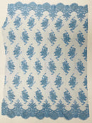 Floral Damask Lace Fabric - Baby Blue - Embroidered Damask Flowers on Lace Fabric By Yard