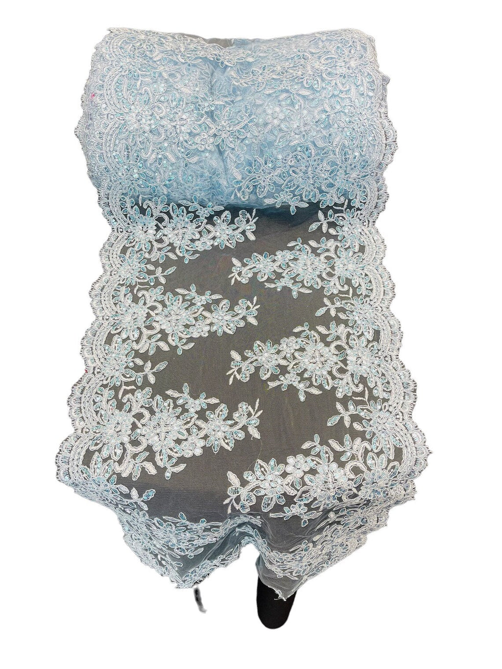 Flower Cluster Lace Sequins Table Runner - Baby Blue - Floral Lace Table Runner Sold By Yard