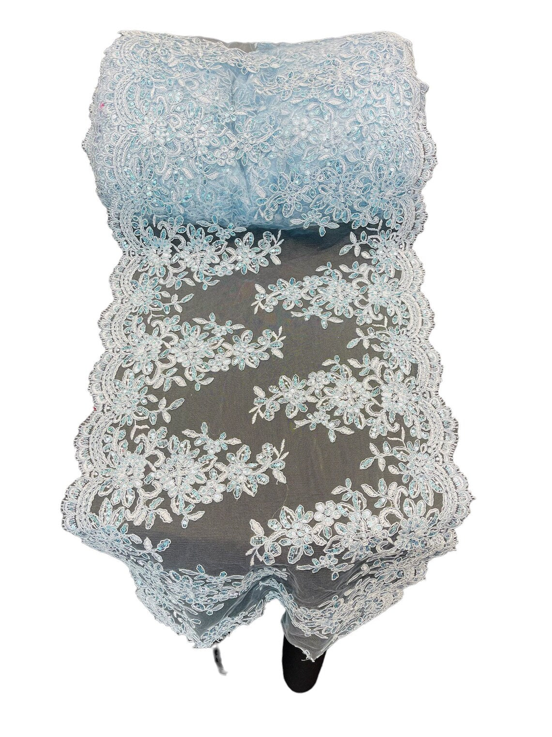 Flower Cluster Lace Sequins Table Runner - Baby Blue - Floral Lace Table Runner Sold By Yard
