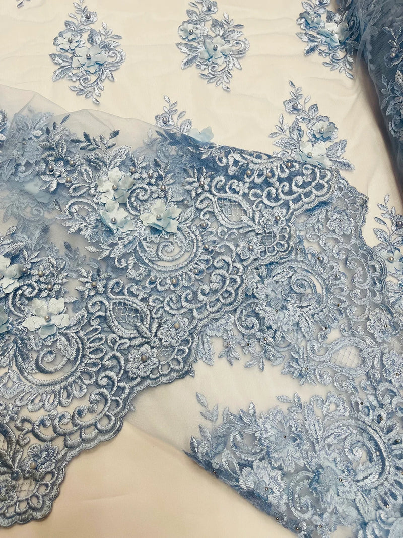 3D Fancy Floral Design Fabric - Baby Blue - 3D Flower Fabric with Small Beads on Lace Sold By Yard