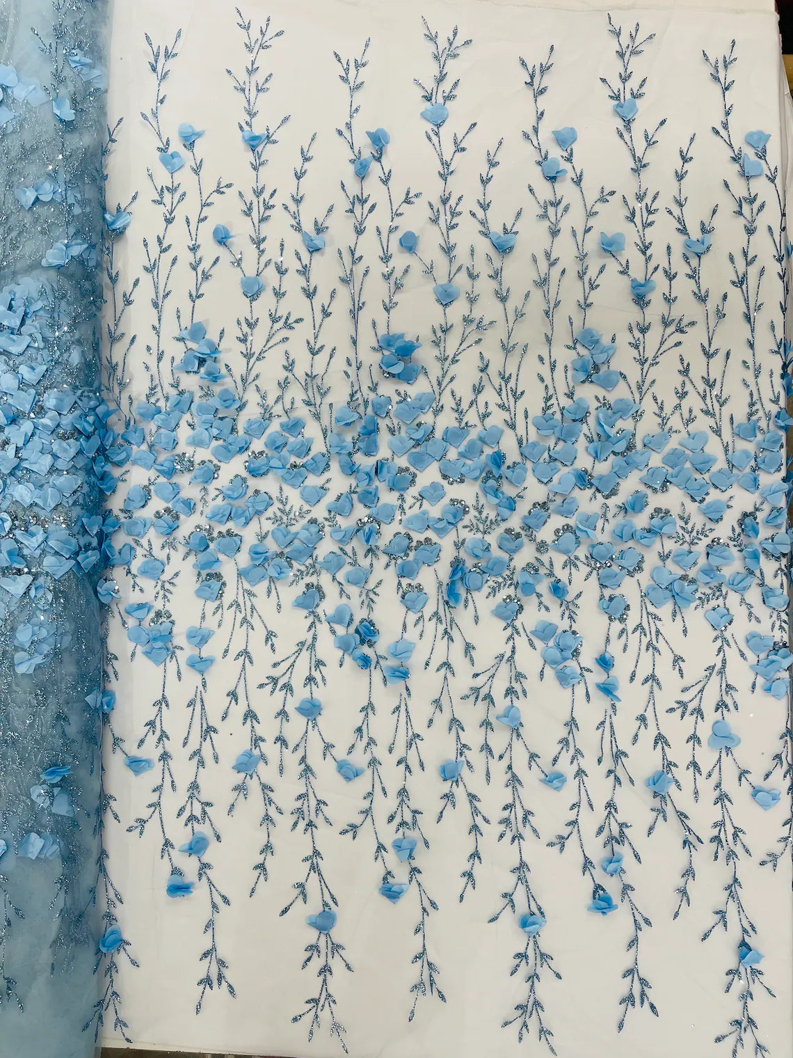 3D Flower Glitter Fabric - Baby Blue - Flower Design on Glitter Mesh Fabric Sold By Yard