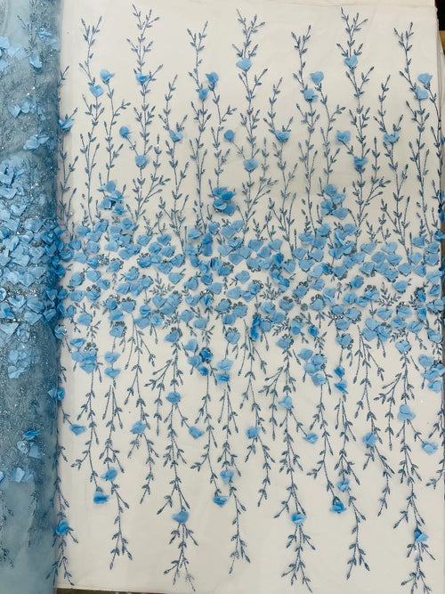 3D Flower Glitter Fabric - Baby Blue - Flower Design on Glitter Mesh Fabric Sold By Yard
