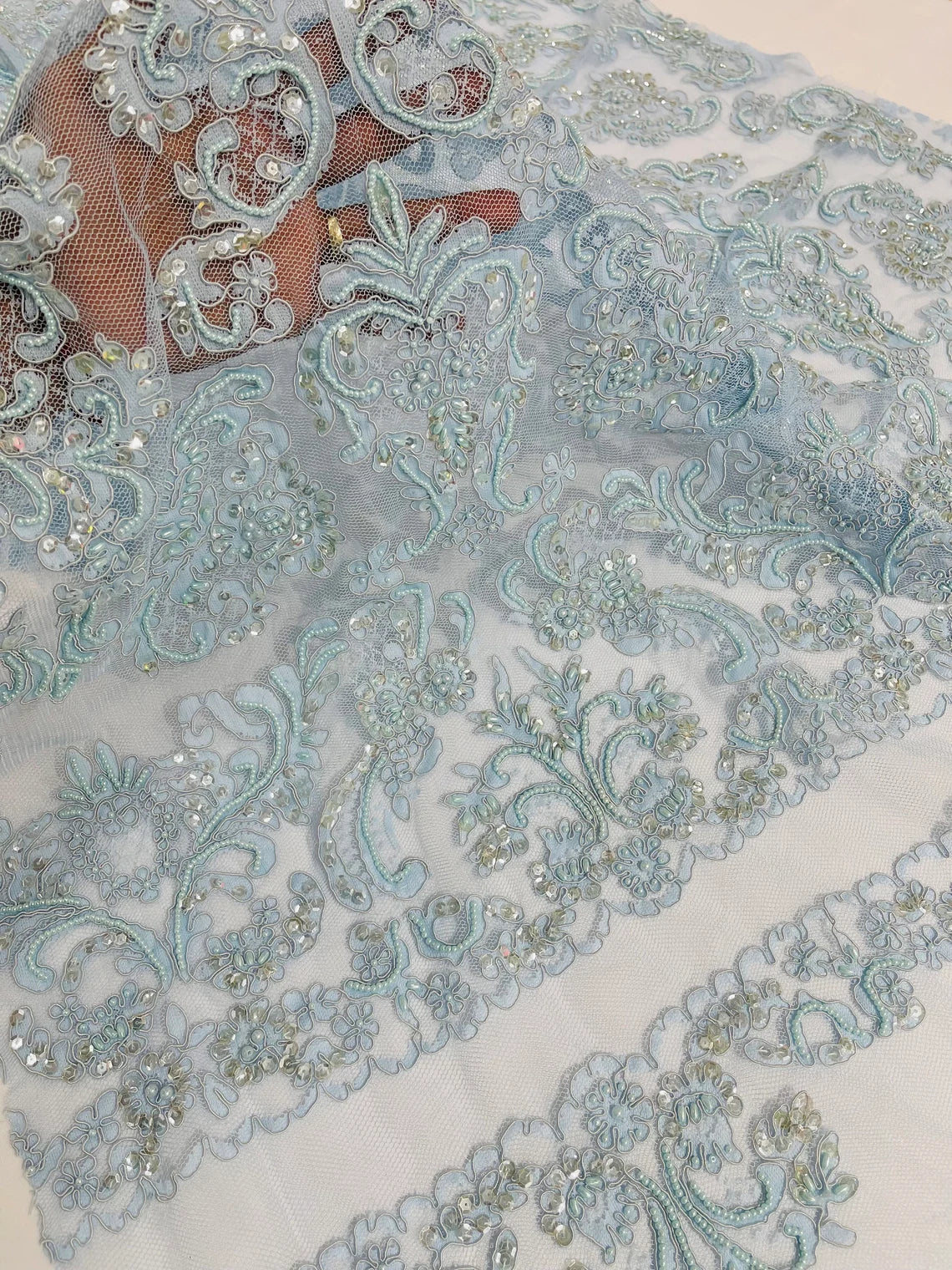 Beaded My Lady Damask Design - Baby Blue - Beaded Fancy Damask Embroidered Fabric By Yard